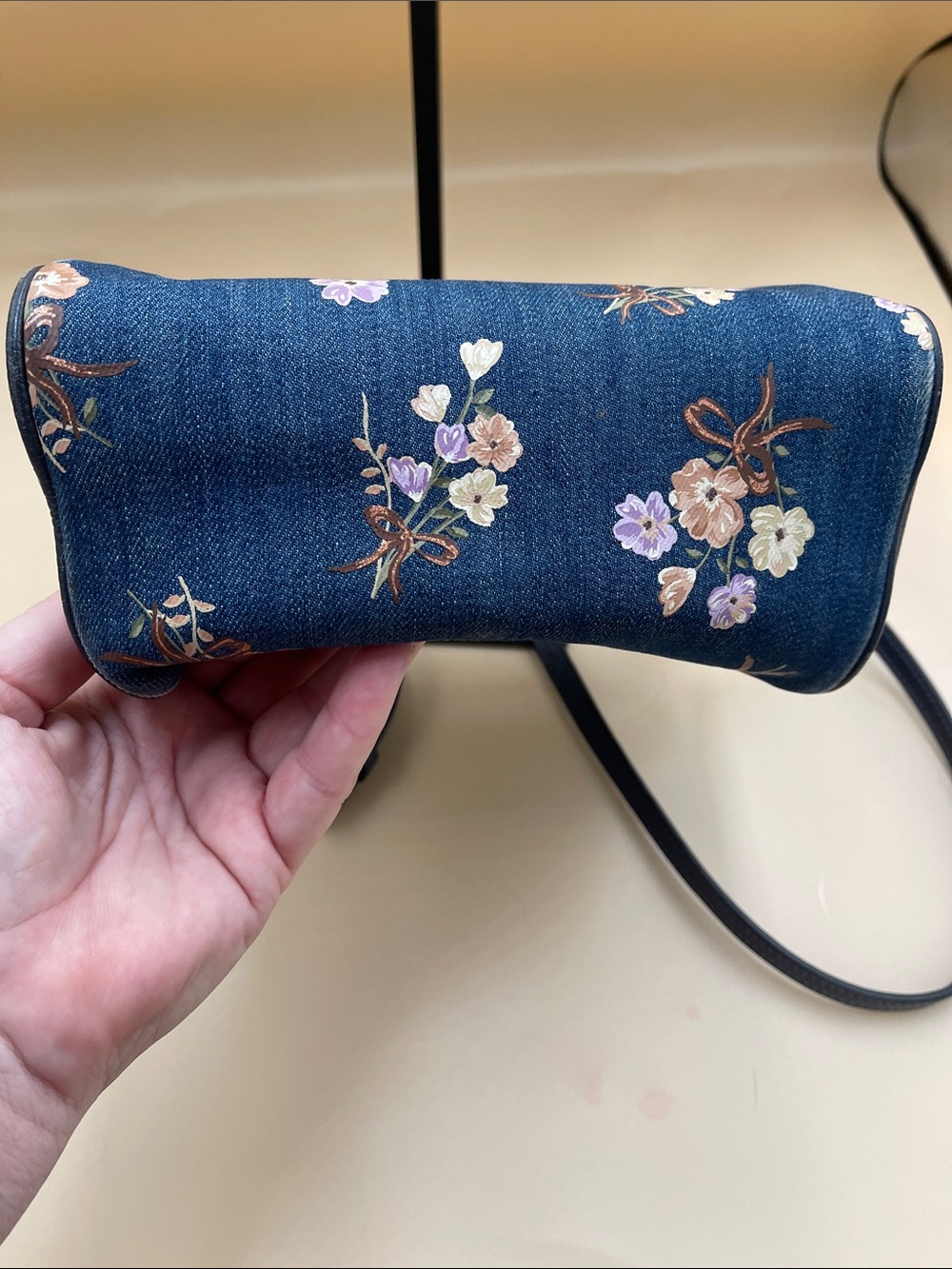 Coach Sierra Mini Satchel in Navy Floral Denim Crossbody with Dark Leather Trim - Picture 5 of 7